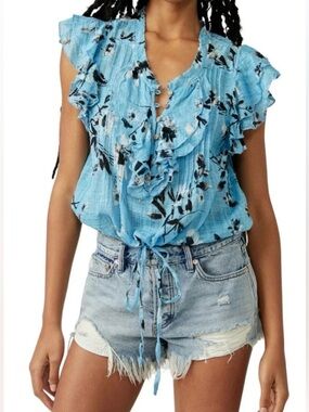 Free People FP ONE Gauze Floral Crop Top Ruffle V-Neck Drawstring Blouse S / P